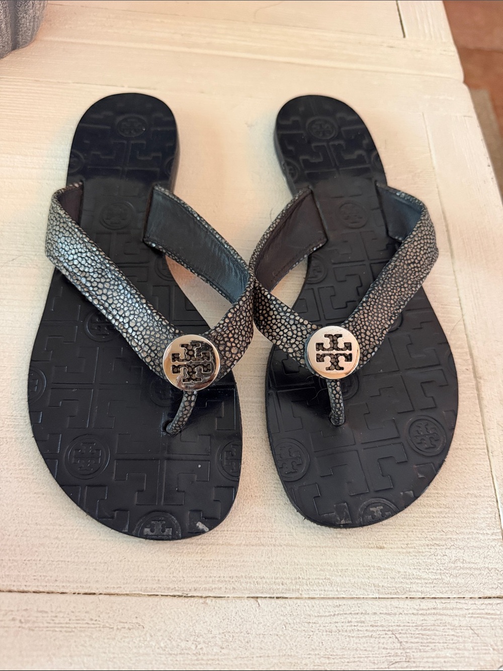 Tory Burch Black and Metallic Gray Logo Thong Sandals